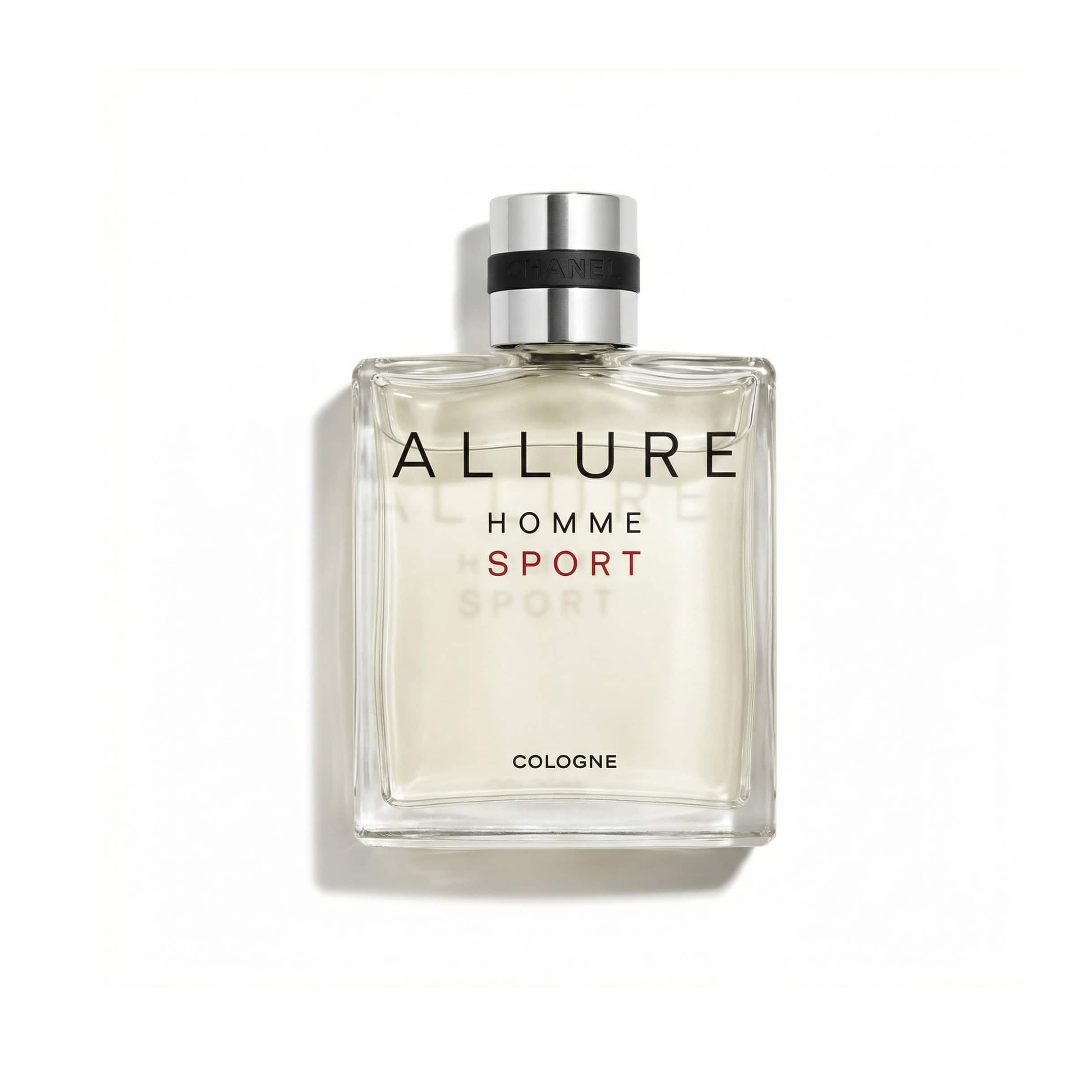 Bottle of Chanel Allure Homme Sport Cologne Cologne fragrance on a white background with soft shadow