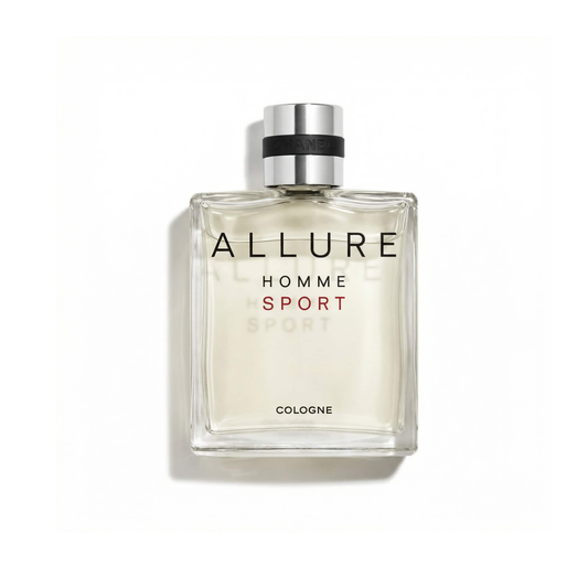 Bottle of Chanel Allure Homme Sport Cologne Cologne fragrance on a white background with soft shadow
