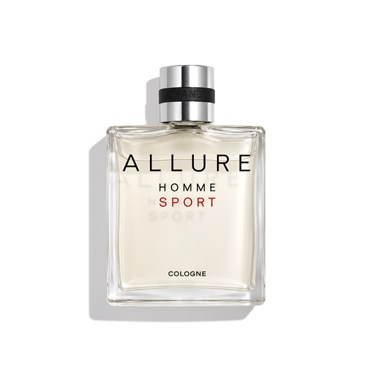 Bottle of Chanel Allure Homme Sport Cologne fragrance on a white background with soft shadow