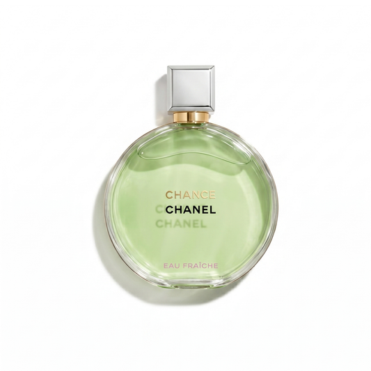 Bottle of Chanel Chance Eau Fraiche EDT fragrance on a white background with soft shadow