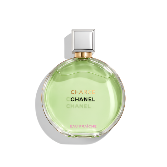Bottle of Chanel Chance Eau Fraiche EDT fragrance on a white background with soft shadow