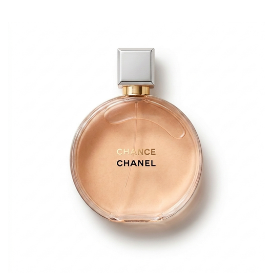 Bottle of Chanel Chance Eau de Toilette EDT fragrance on a white background with soft shadow