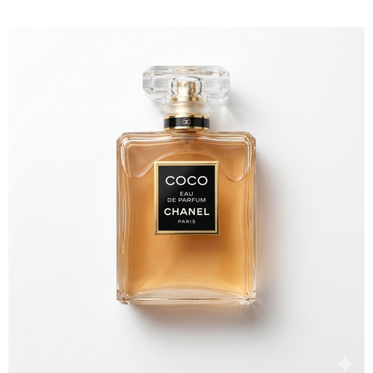 Bottle of Chanel Coco Eau de Parfum EDP fragrance on a white background with soft shadow