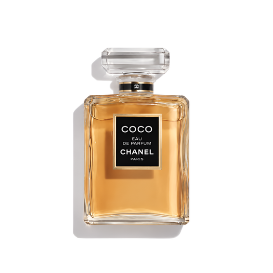 Bottle of Chanel Coco Eau de Parfum fragrance on a white background with soft shadow