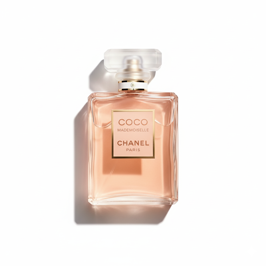 Bottle of Chanel Coco Mademoiselle EDP fragrance on a white background with soft shadow