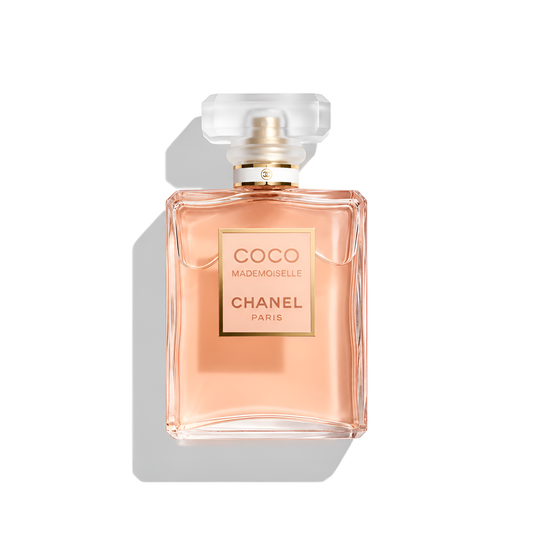 Bottle of Chanel Coco Mademoiselle EDP fragrance on a white background with soft shadow