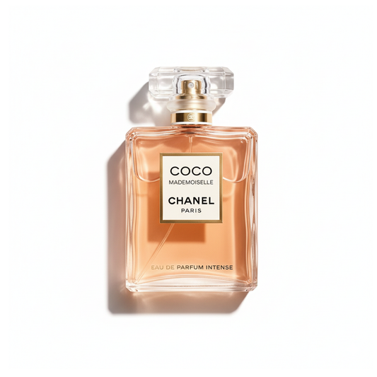 Bottle of Chanel Coco Mademoiselle Intense EDP fragrance on a white background with soft shadow