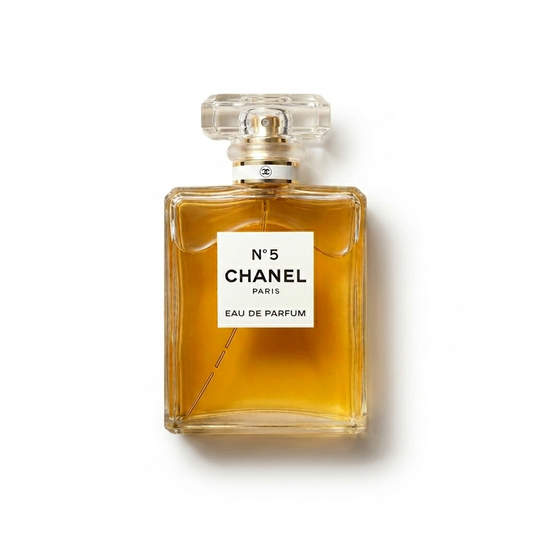 Bottle of Chanel N°5 Eau de Parfum EDP fragrance on a white background with soft shadow