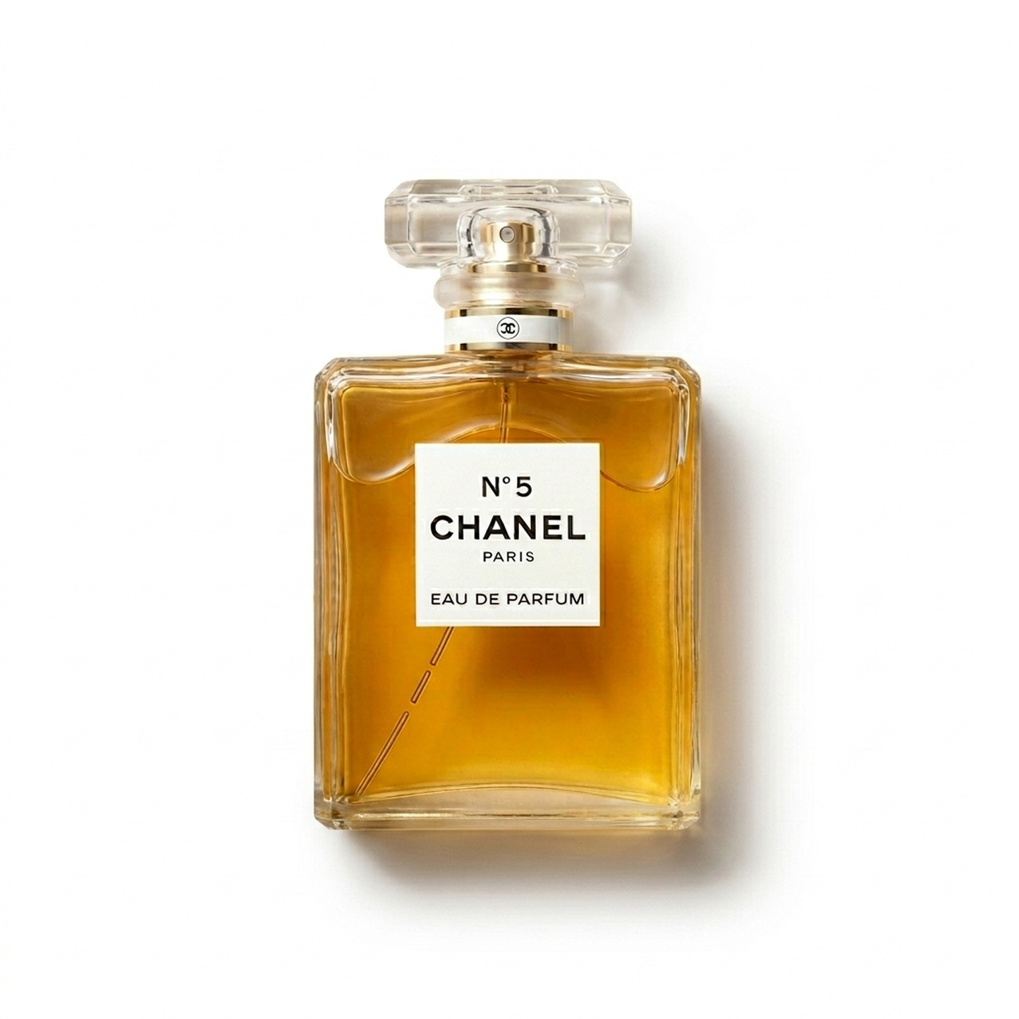 Bottle of Chanel N°5 Eau de Parfum fragrance on a white background with soft shadow