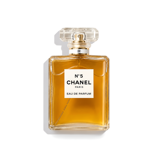 Bottle of Chanel N°5 Eau de Parfum fragrance on a white background with soft shadow