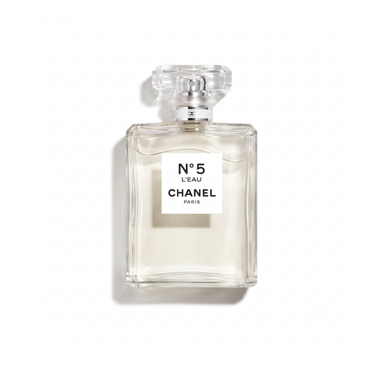 Bottle of Chanel N°5 L'Eau EDT fragrance on a white background with soft shadow