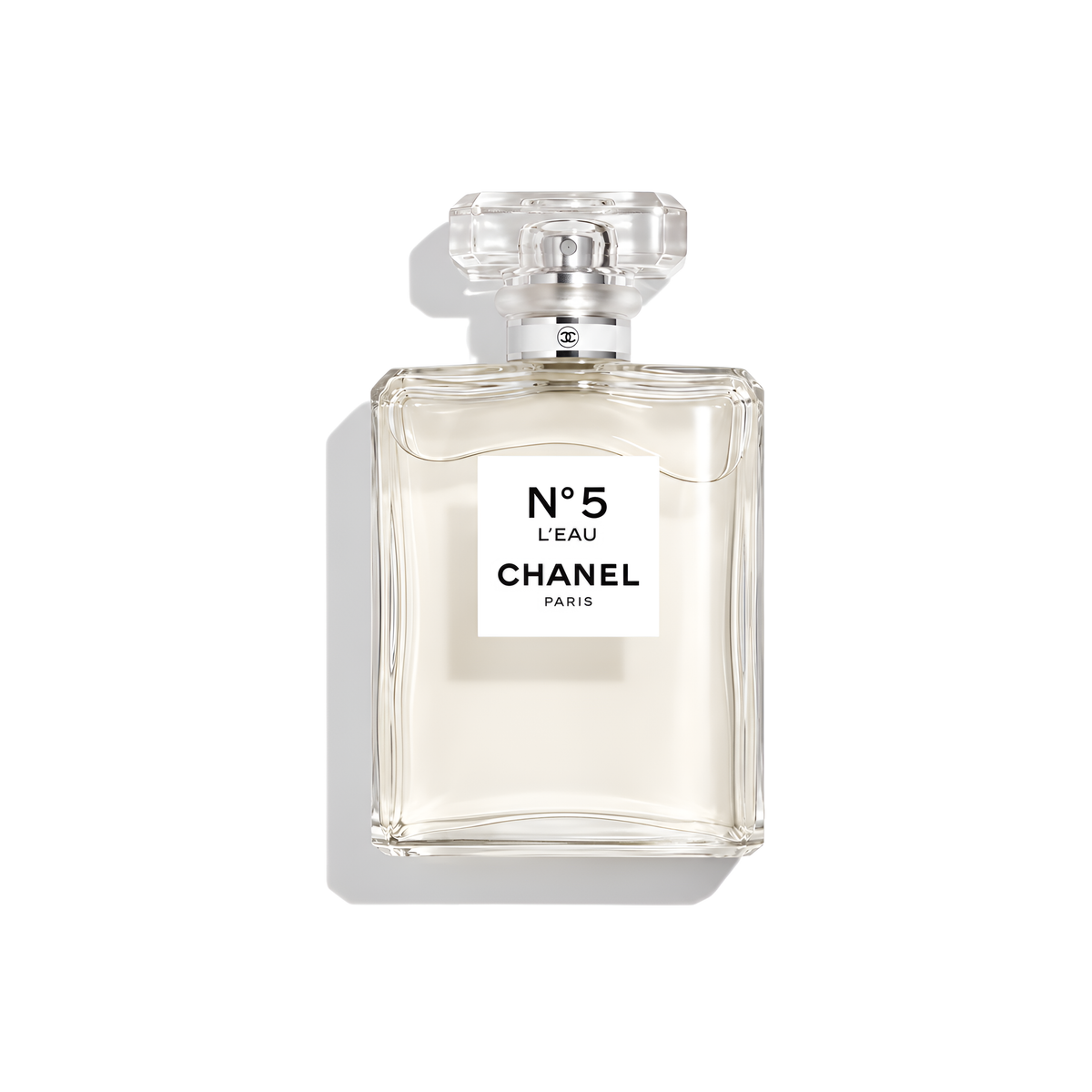 Bottle of Chanel N°5 L'Eau EDT fragrance on a white background with soft shadow