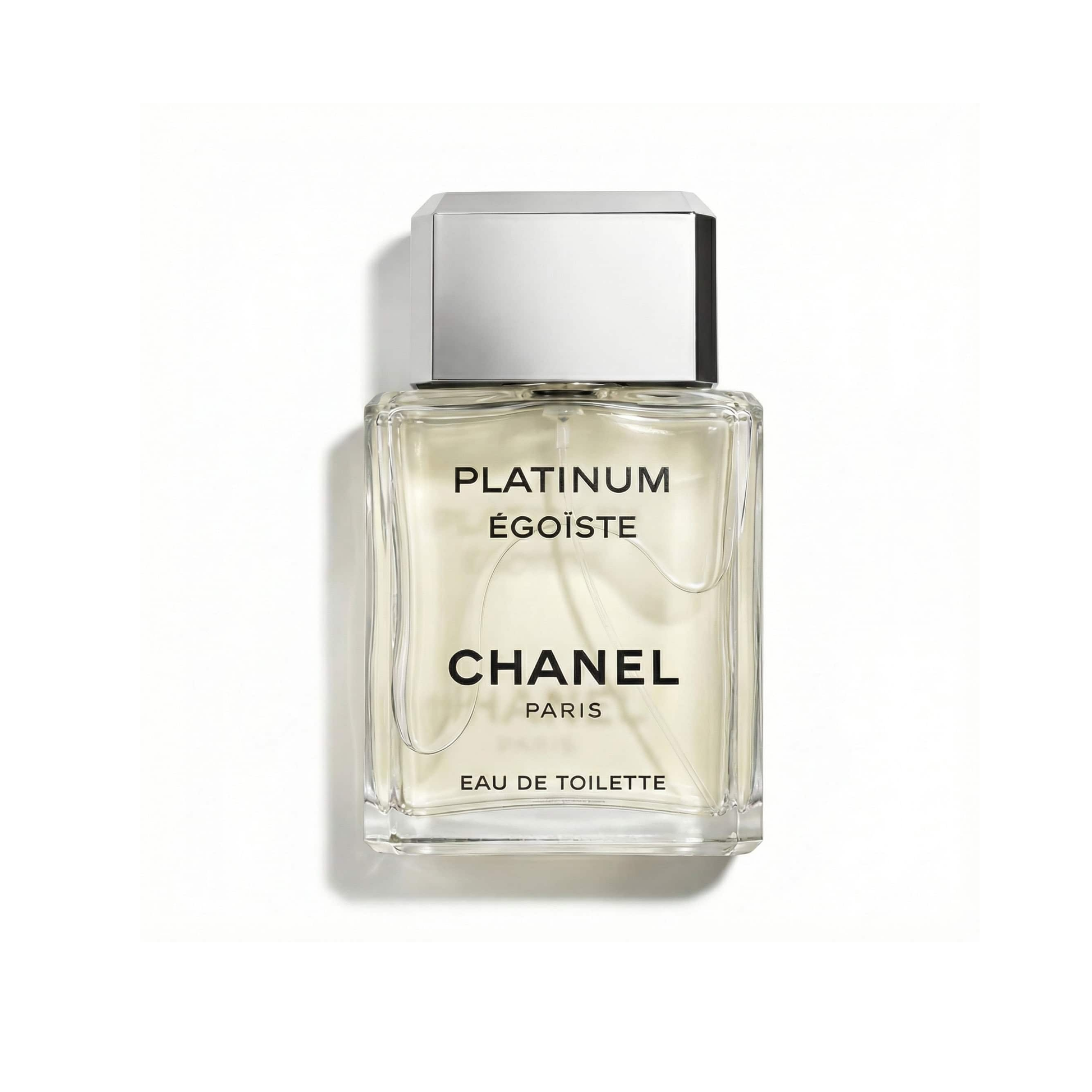 Bottle of Chanel Platinum Egoiste Cologne fragrance on a white background with soft shadow
