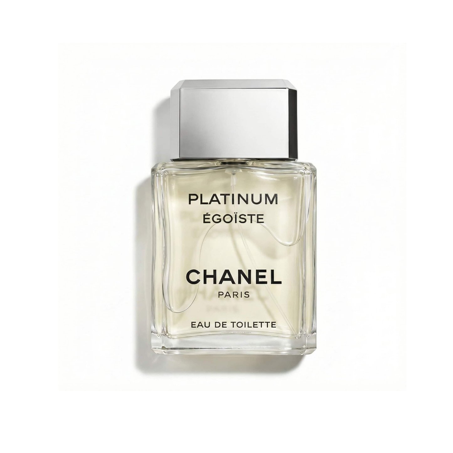 Bottle of Chanel Platinum Egoiste Cologne fragrance on a white background with soft shadow