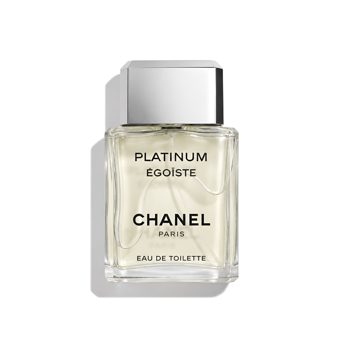 Bottle of Chanel Platinum Egoiste EDT fragrance on a white background with soft shadow