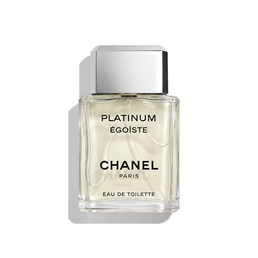 Bottle of Chanel Platinum Egoiste EDT fragrance on a white background with soft shadow