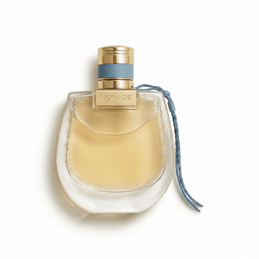 Bottle of Chloe Nomade Lumiere d’Egypte EDP fragrance on a white background with soft shadow