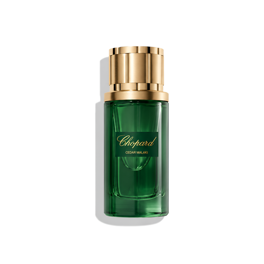 Bottle of Chopard Cedar Malaki EDP fragrance on a white background with soft shadow