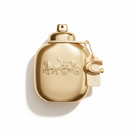 Bottle of Coach Gold Parfum fragrance on a white background with soft shadow