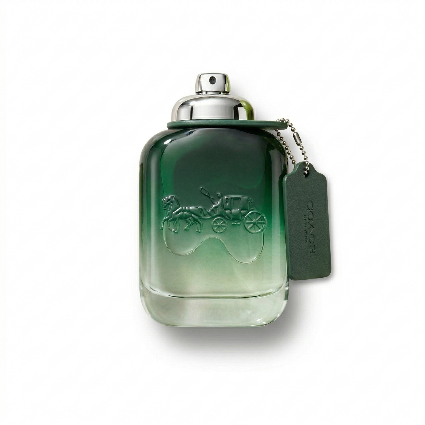 Bottle of Coach Green EDT fragrance on a white background with soft shadow