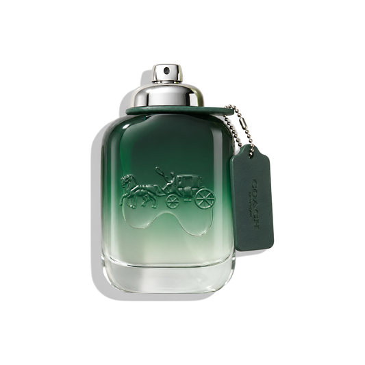 Bottle of Coach Green EDT fragrance on a white background with soft shadow
