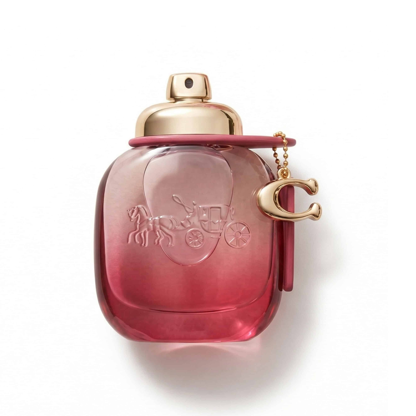 Bottle of Coach Wild Rose EDP fragrance on a white background with soft shadow
