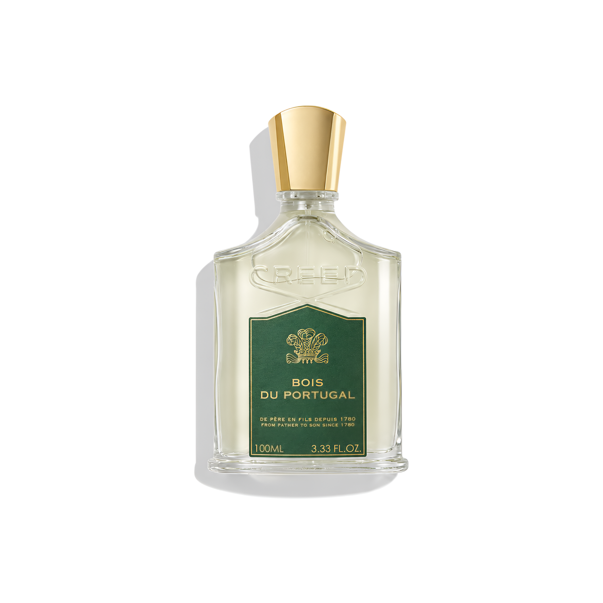 Bottle of Creed Bois du Portugal EDP fragrance on a white background with soft shadow