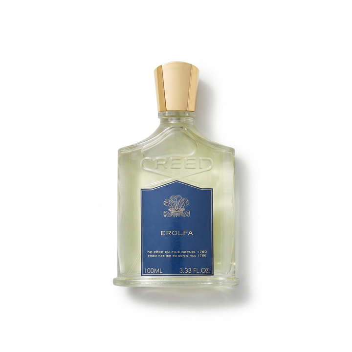 Bottle of Creed Erolfa EDP fragrance on a white background with soft shadow