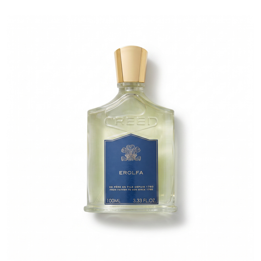 Bottle of Creed Erolfa EDP fragrance on a white background with soft shadow