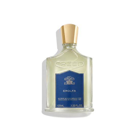 Bottle of Creed Erolfa EDP fragrance on a white background with soft shadow