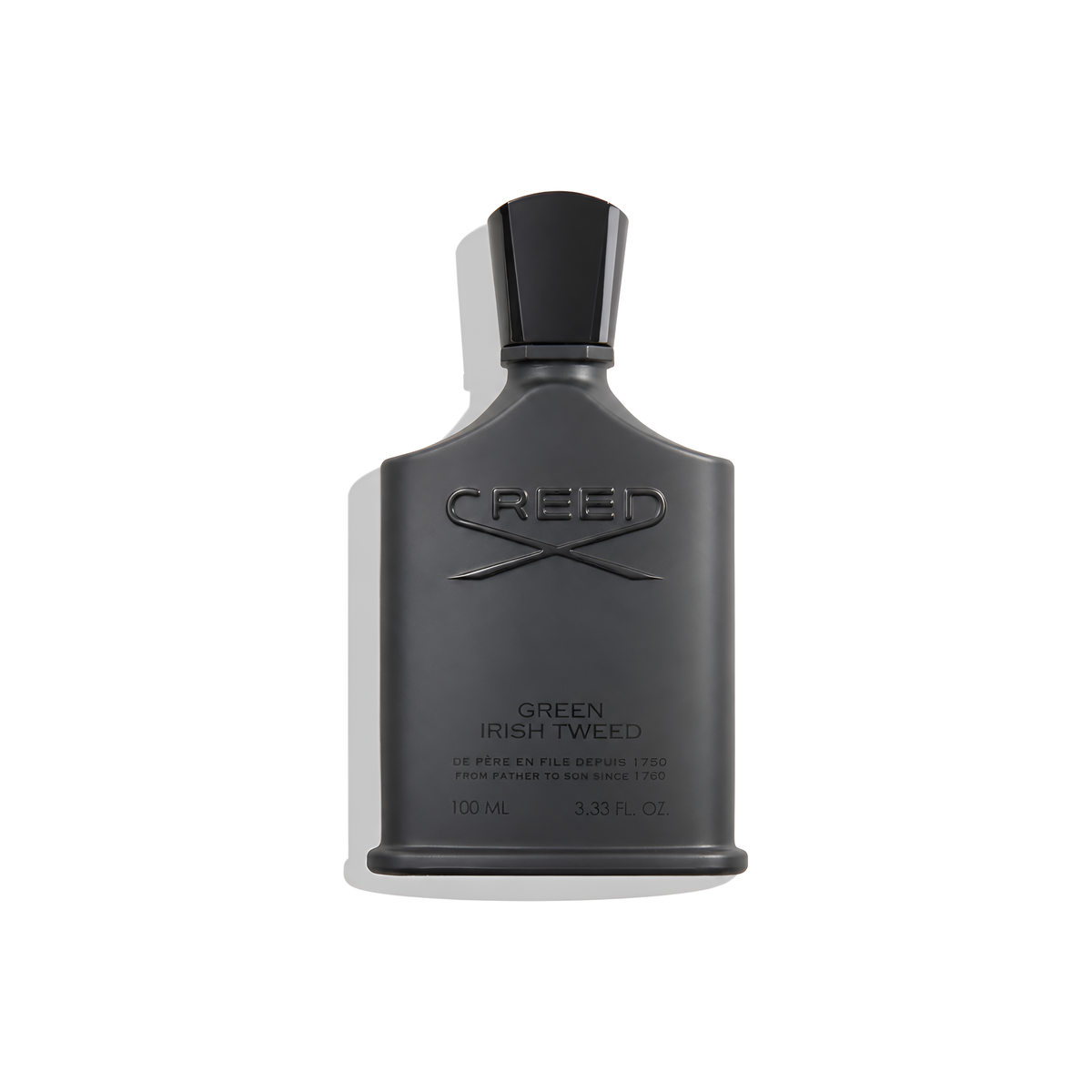Bottle of Creed Green Irish Tweed EDP fragrance on a white background with soft shadow