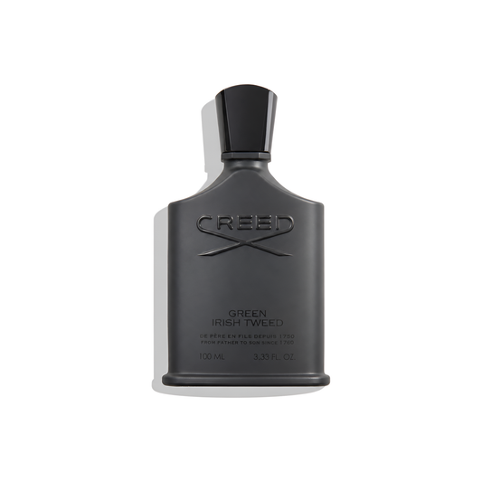 Bottle of Creed Green Irish Tweed EDP fragrance on a white background with soft shadow