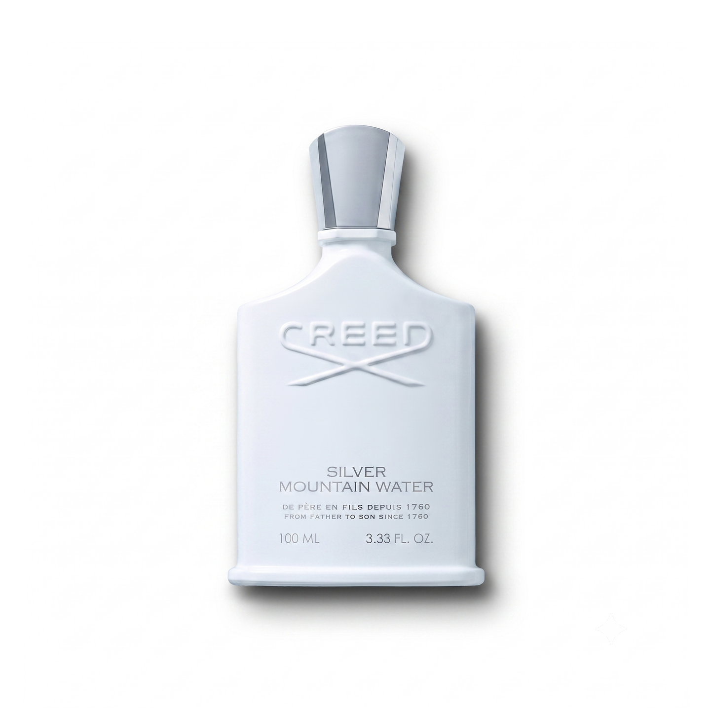 Bottle of Creed Silver Mountain Water EDP fragrance on a white background with soft shadow