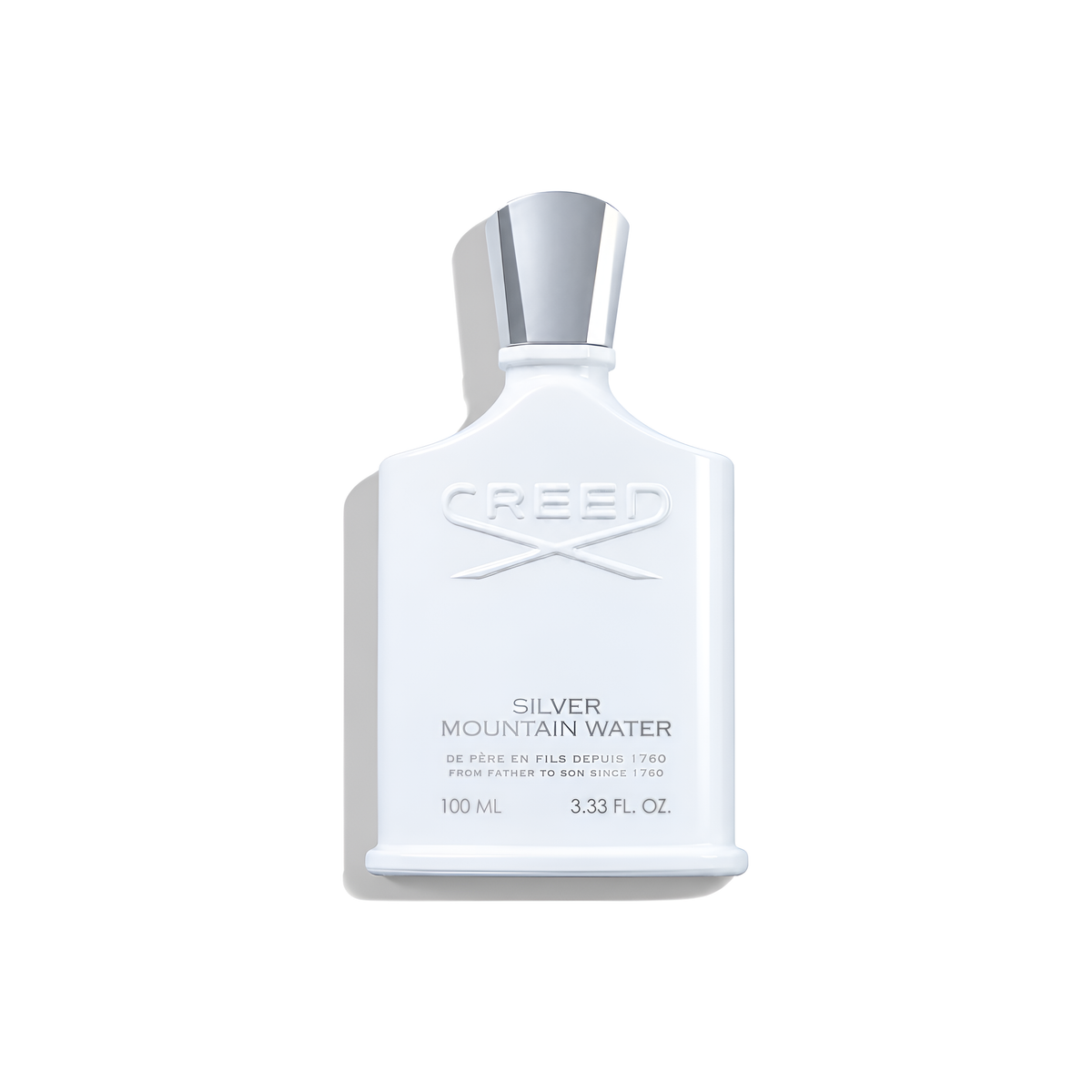 Bottle of Creed Silver Mountain Water EDP fragrance on a white background with soft shadow