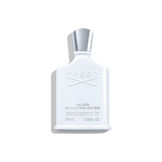 Bottle of Creed Silver Mountain Water EDP fragrance on a white background with soft shadow