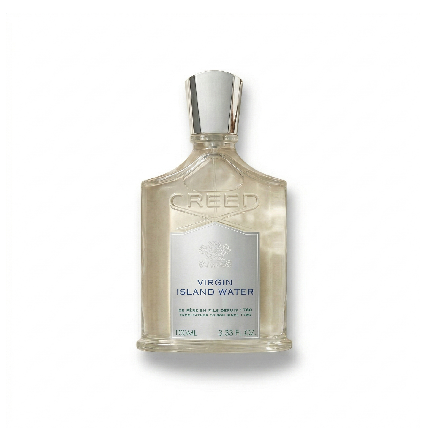 Bottle of Creed Virgin Island Water EDP fragrance on a white background with soft shadow