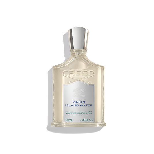 Bottle of Creed Virgin Island Water EDP fragrance on a white background with soft shadow