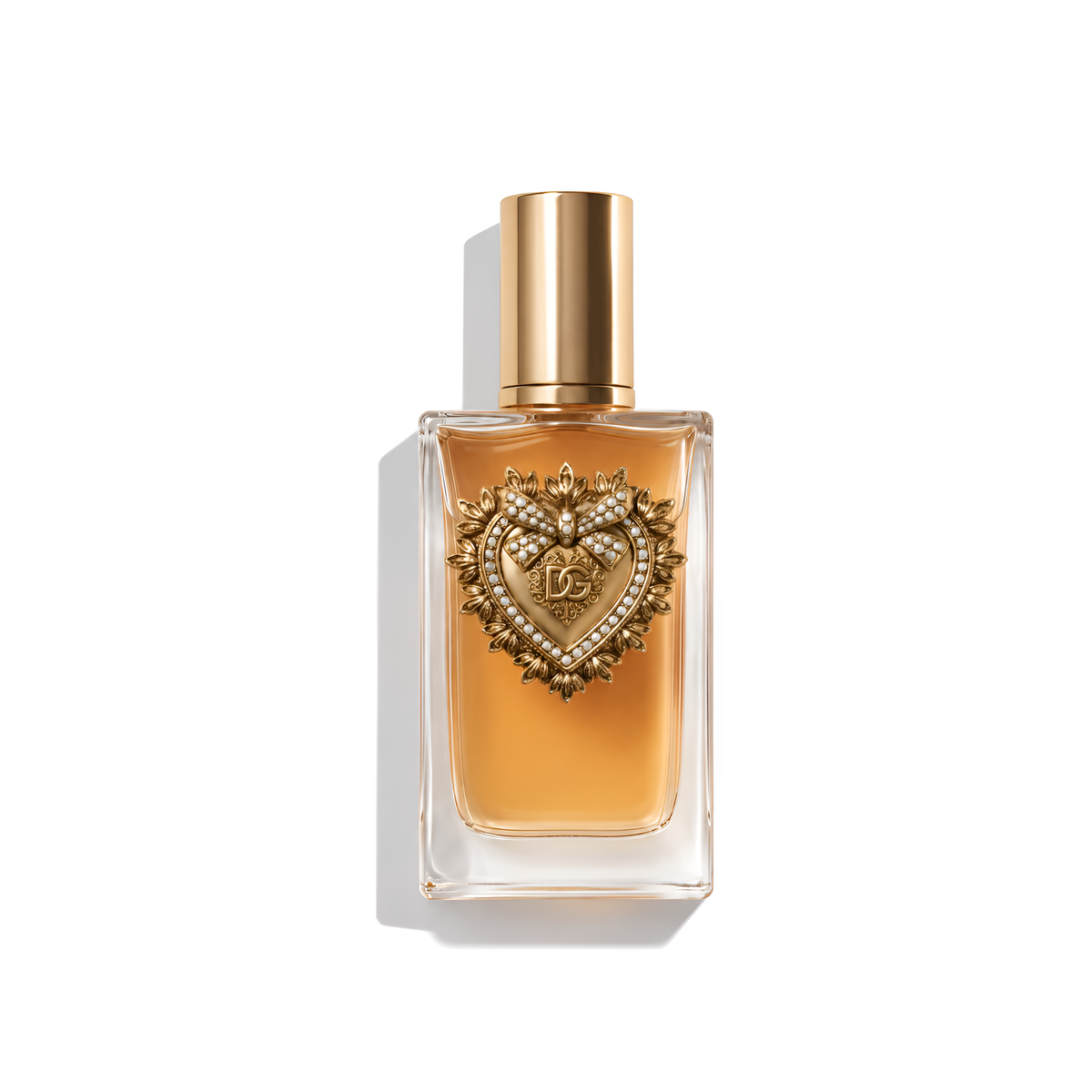 Bottle of D&G Devotion EDP fragrance on a white background with soft shadow