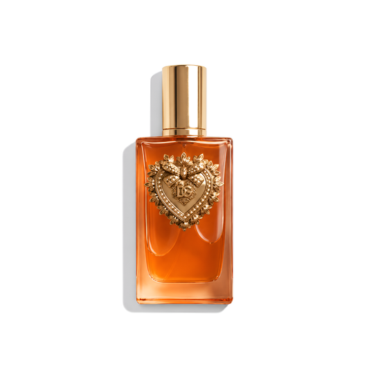 Bottle of D&G Devotion Intense EDP fragrance on a white background with soft shadow
