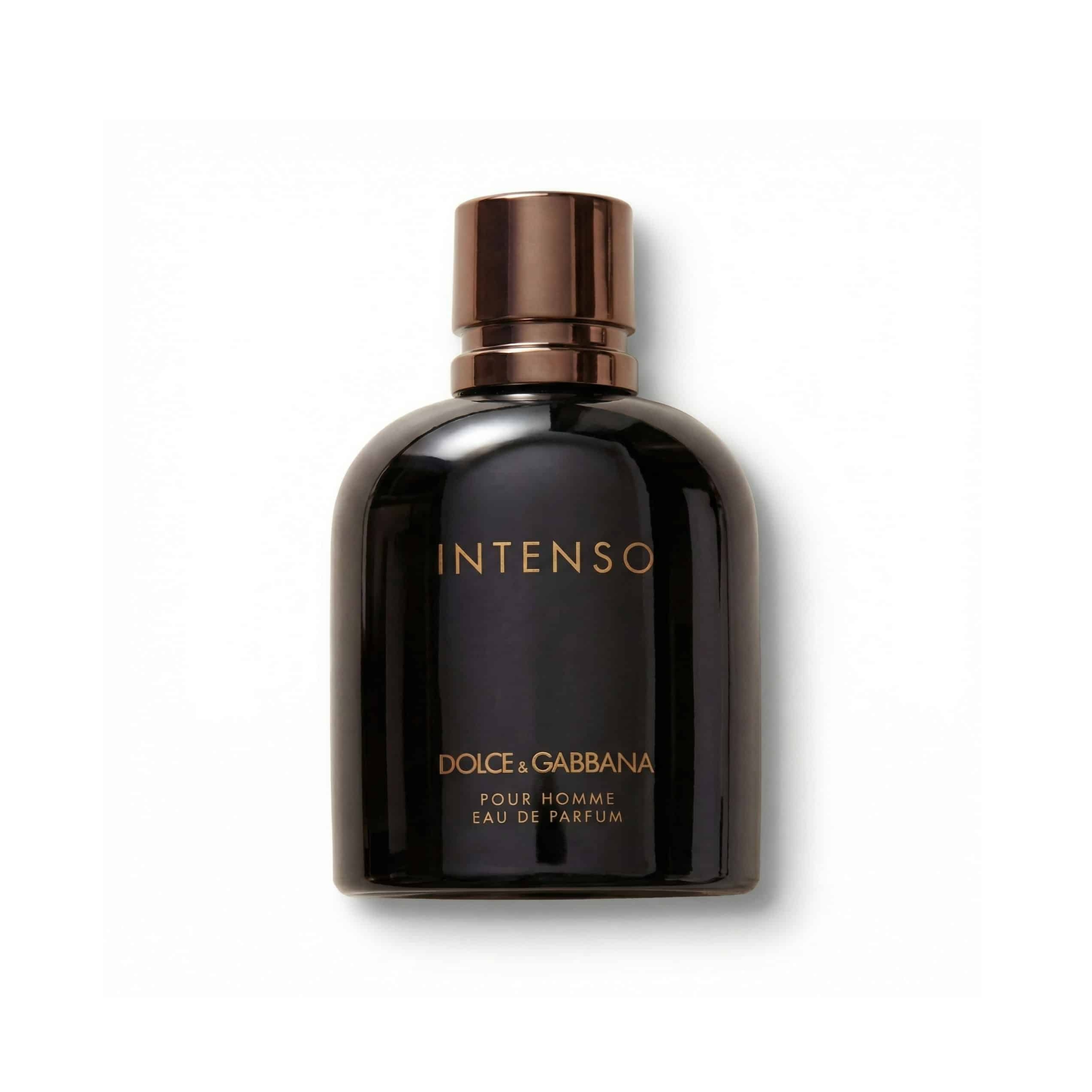 Bottle of D&G Intenso EDP fragrance on a white background with soft shadow