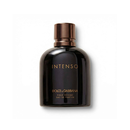 Bottle of D&G Intenso EDP fragrance on a white background with soft shadow