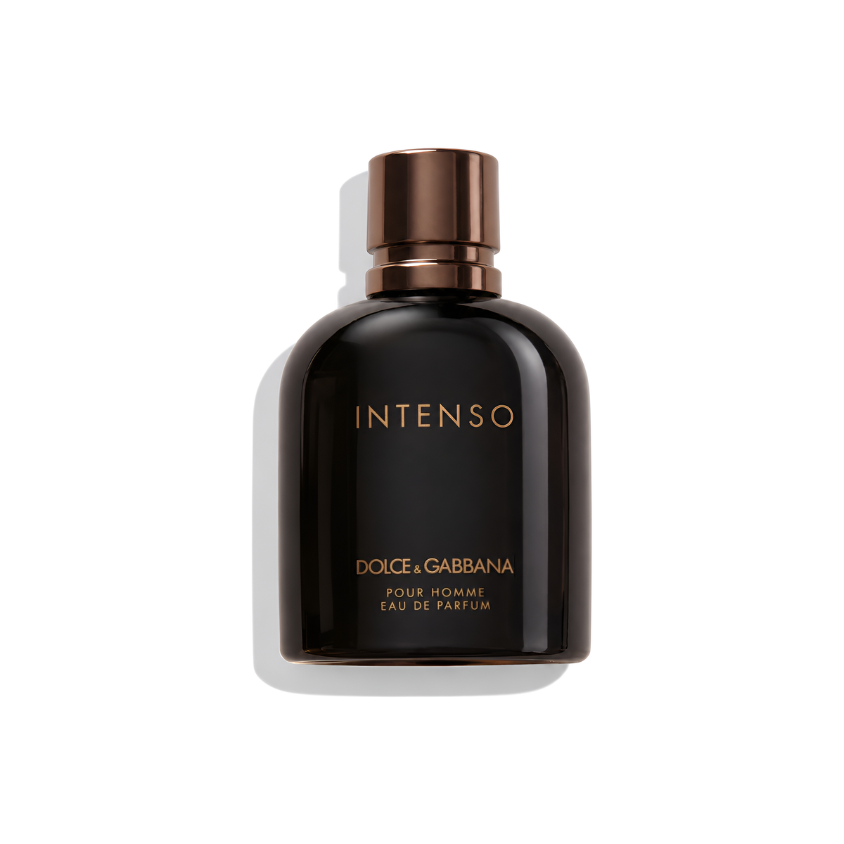 Bottle of D&G Intenso EDP fragrance on a white background with soft shadow