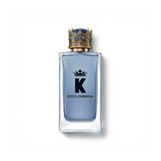 Bottle of D&G K EDT fragrance on a white background with soft shadow