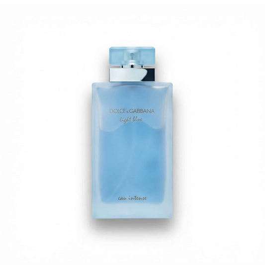 Bottle of D&G Light Blue Eau Intense For Her EDP fragrance on a white background with soft shadow