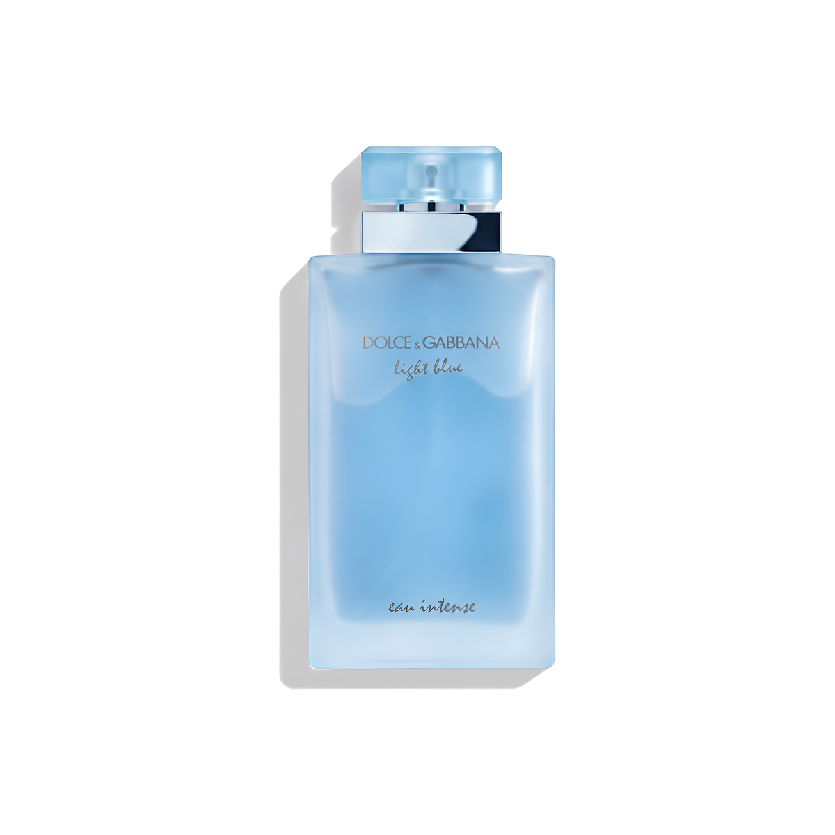 Bottle of D&G Light Blue Eau Intense For Her EDP fragrance on a white background with soft shadow