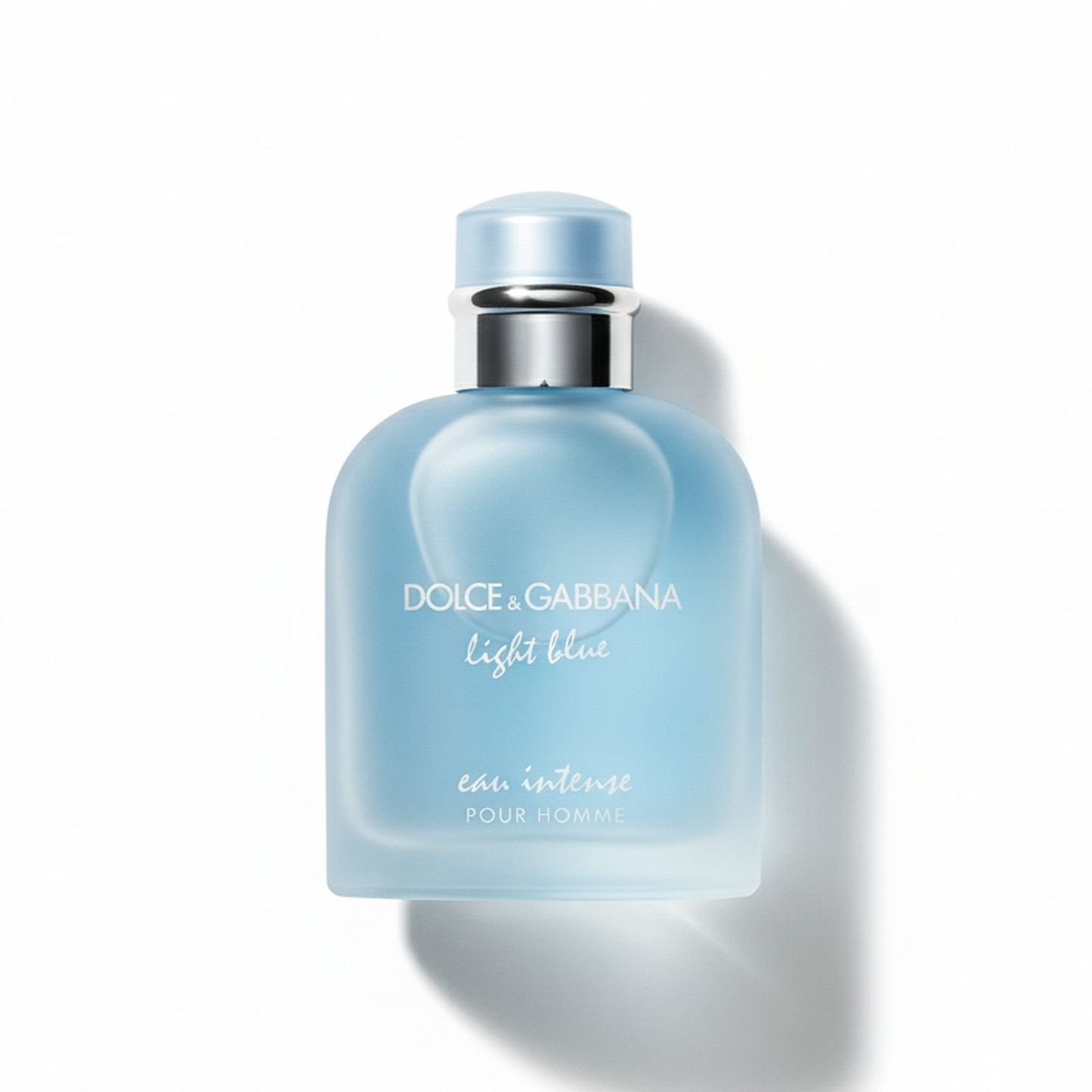Bottle of D&G Light Blue Eau Intense Pour Homme EDP fragrance on a white background with soft shadow