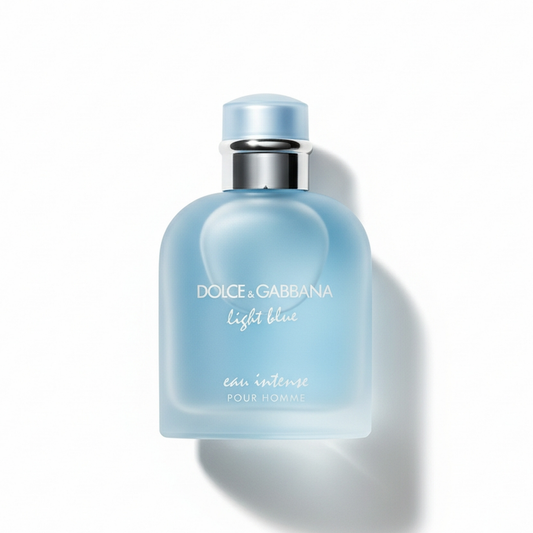 Bottle of D&G Light Blue Eau Intense Pour Homme EDP fragrance on a white background with soft shadow