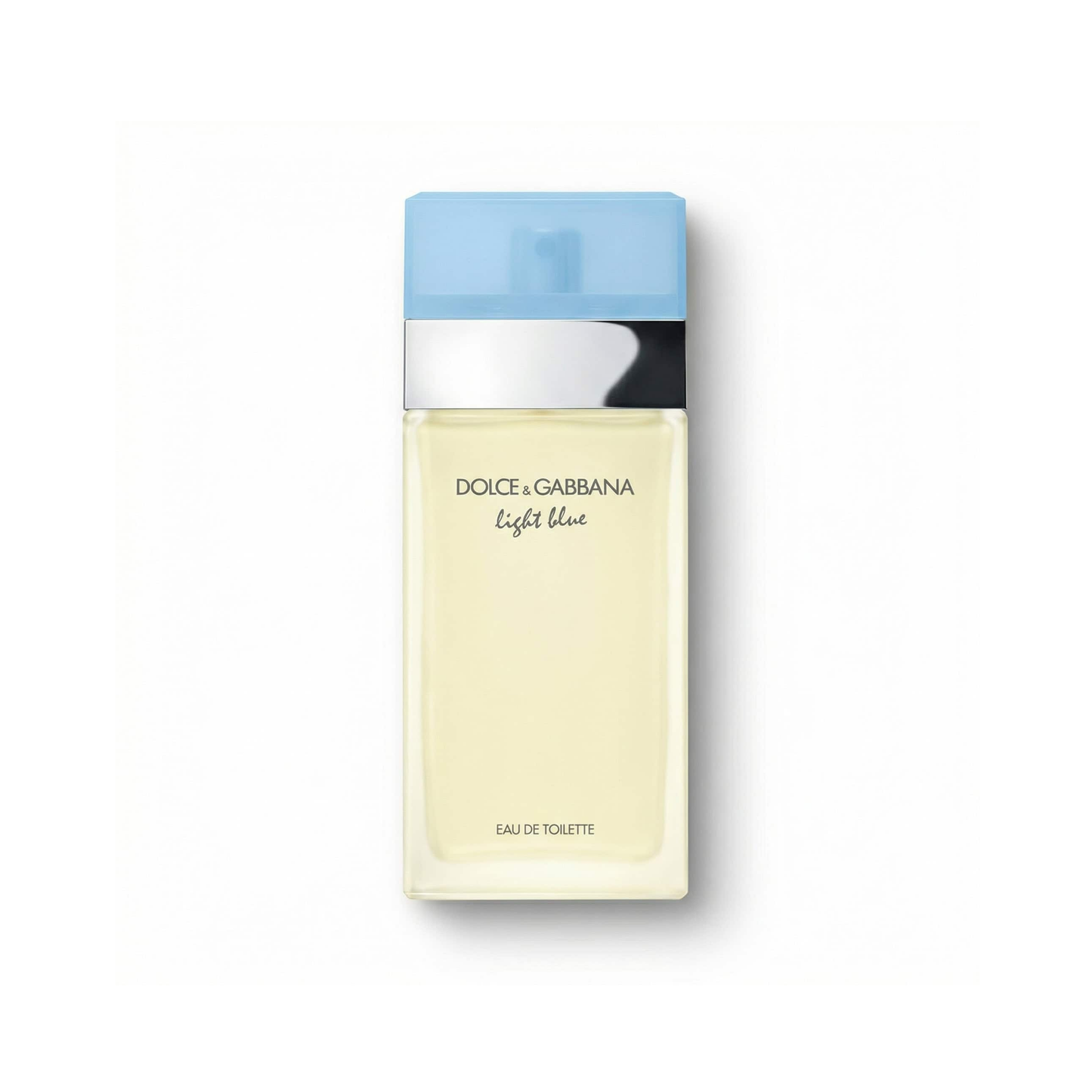 Bottle of D&G Light Blue For Her EDT fragrance on a white background with soft shadow