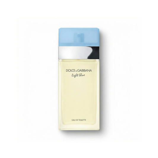 Bottle of D&G Light Blue For Her EDT fragrance on a white background with soft shadow