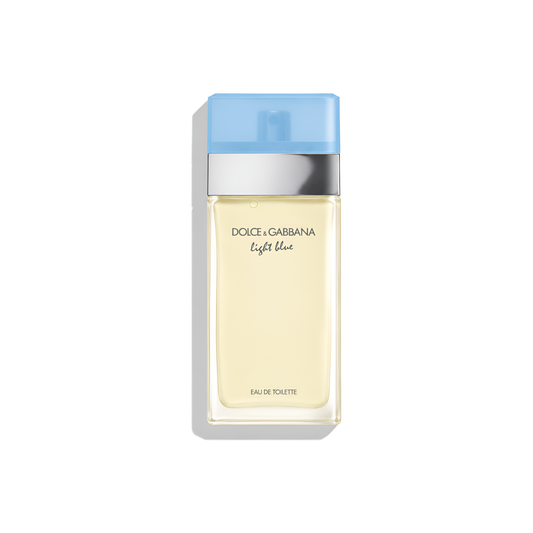 Bottle of D&G Light Blue For Her EDT fragrance on a white background with soft shadow